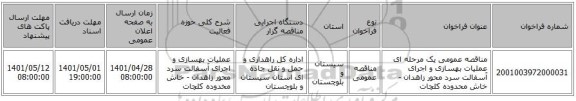 مناقصه، مناقصه عمومی یک مرحله ای عملیات بهسازی و اجرای آسفالت سرد محور زاهدان - خاش محدوده کلچات