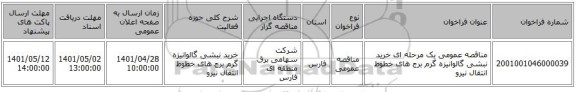 مناقصه، مناقصه عمومی یک مرحله ای خرید نبشی گالوانیزه گرم برج های خطوط انتقال نیرو
