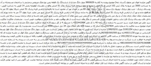 آگهی مزایده ششدانگ یک قطعه زمین نوع ملک مزروعی و مشجر با ساختمان مستحدئه در آن به مساحت 3000 متر مربع به پلاک ثبتی 102 فرعی از 51 اصلی