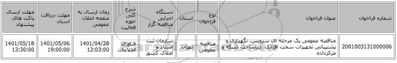 مناقصه، مناقصه عمومی یک مرحله ای سرویس، نگهداری و پشتیبانی تجهیزات سخت افزاری، زیرساخت شبکه و مرکزداده