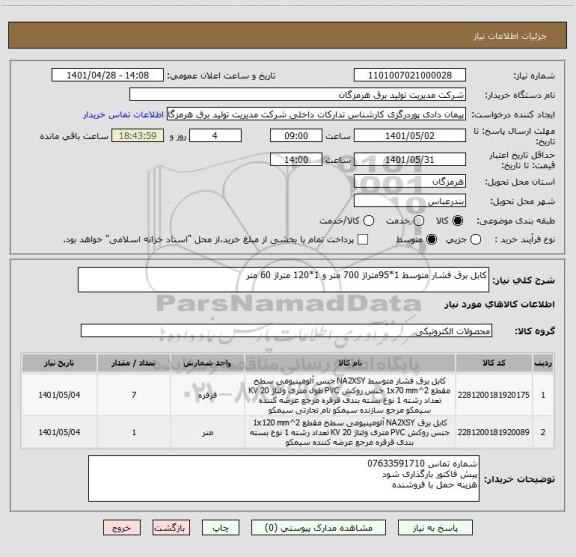 استعلام کابل برق فشار متوسط 1*95متراژ 700 متر و 1*120 متراژ 60 متر