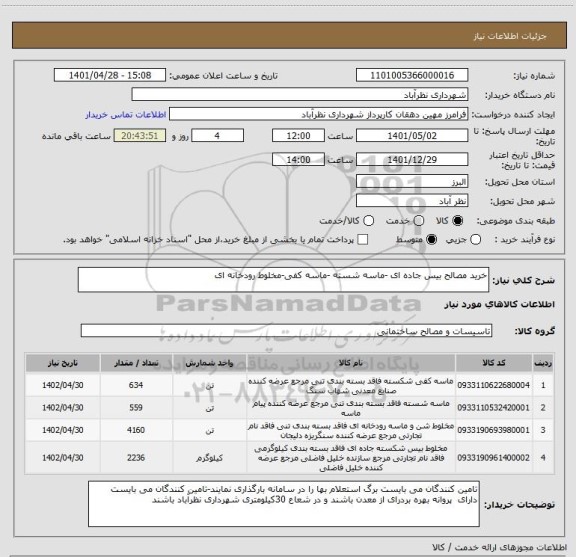 استعلام خرید مصالح بیس جاده ای -ماسه شسته -ماسه کفی-مخلوط رودخانه ای