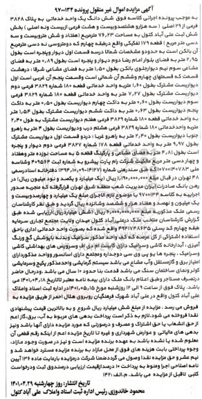 مزایده ششدانگ یک واحد خدماتی به پلاک 3828 فرعی از 29 اصلی