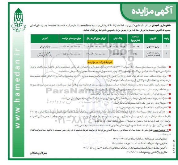 مزایده مزایده فروش املاک کاربری مسکونی 180.04 و 298 مترمربع