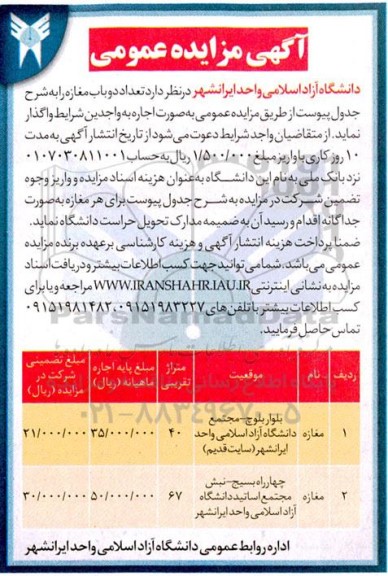 مزایده واگذاری تعداد دو باب مغازه