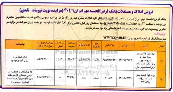مزایده فروش املاک و مستغلات بانک