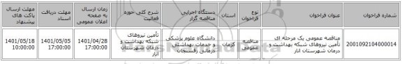 مناقصه، مناقصه عمومی یک مرحله ای تأمین  نیروهای شبکه بهداشت و درمان شهرستان انار