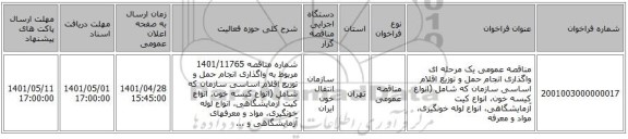 مناقصه، مناقصه عمومی یک مرحله ای واگذاری انجام  حمل و توزیع اقلام اساسی سازمان که شامل (انواع کیسه خون، انواع کیت آزمایشگاهی، انواع لوله خونگیری، مواد و معرفه