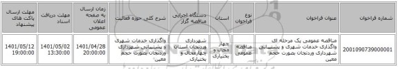 مناقصه، مناقصه عمومی یک مرحله ای واگذاری خدمات شهری و پشتیبانی شهرداری وردنجان بصورت حجم معین