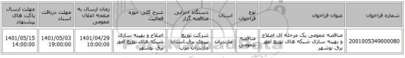 مناقصه، مناقصه عمومی یک مرحله ای اصلاح و بهینه سازی شبکه های توزیع امور برق نوشهر