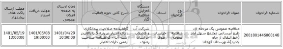 مناقصه، مناقصه عمومی یک مرحله ای طرح آبرسانی مجتمع سهل آباد (خط انتقال از چاه جدید)شهرستان قوچان