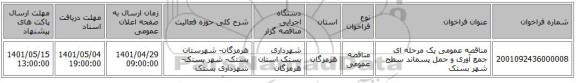 مناقصه، مناقصه عمومی یک مرحله ای جمع آوری و حمل پسماند سطح شهر بستک