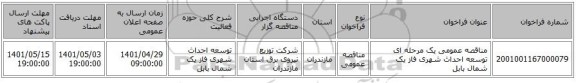 مناقصه، مناقصه عمومی یک مرحله ای توسعه احداث شهری فاز یک	شمال بابل