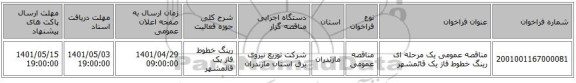 مناقصه، مناقصه عمومی یک مرحله ای رینگ خطوط فاز یک قائمشهر
