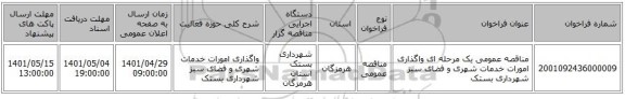 مناقصه، مناقصه عمومی یک مرحله ای واگذاری امورات خدمات شهری و فضای سبز شهرداری بستک