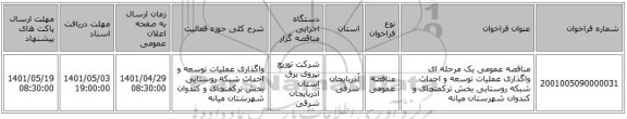 مناقصه، مناقصه عمومی یک مرحله ای واگذاری عملیات توسعه و احداث شبکه روستایی بخش ترکمنچای و کندوان شهرستان میانه