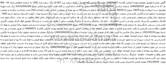 آگهی مزایده ششدانگ یکدستگاه اتومبیل سواری سمند
