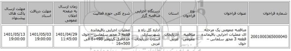 مناقصه، مناقصه عمومی یک مرحله ای عملیات اجرایی باقیمانده قطعه 3 محور سلماس – خوی