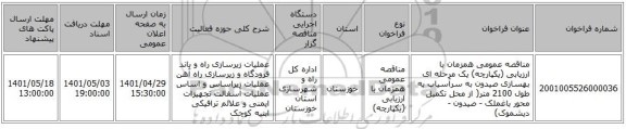 مناقصه، مناقصه عمومی همزمان با ارزیابی (یکپارچه) یک مرحله ای بهسازی صیدون به سرآسیاب به طول 2100 متر( از محل تکمیل محور باغملک - صیدون - دیشموک)