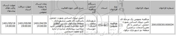مناقصه، مناقصه عمومی یک مرحله ای تامین نیروی انسانی بصورت حجمی -ساعتی با کار معین(خدمات ساعتی) منطقه دو شهرداری دزفول