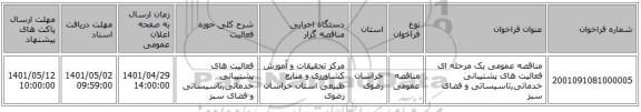 مناقصه، مناقصه عمومی یک مرحله ای فعالیت های پشتیبانی خدماتی,تاسیساتی و فضای سبز