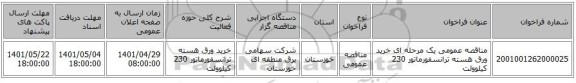 مناقصه، مناقصه عمومی یک مرحله ای خرید ورق هسته ترانسفورماتور 230 کیلوولت