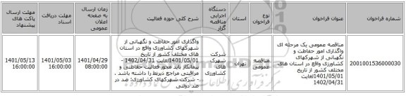 مناقصه، مناقصه عمومی یک مرحله ای واگذاری امور حفاظت و نگهبانی از شهرکهای کشاورزی واقع در استان های مختلف کشور از تاریخ 1401/05/01لغایت 1402/04/31