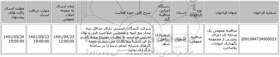 مناقصه، مناقصه عمومی یک مرحله ای اجرای بخشی از مجموعه نگهداری حیوانات بلاصاحب