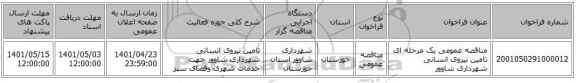 مناقصه، مناقصه عمومی یک مرحله ای تامین نیروی انسانی شهرداری شاوور