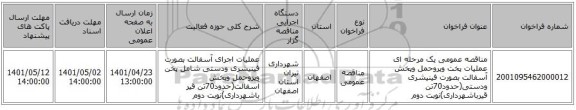 مناقصه، مناقصه عمومی یک مرحله ای عملیات پخت وپروحمل وپخش آسفالت بصورت فینیشری ودستی(حدود70تن قیرباشهرداری)نوبت دوم