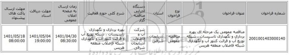 مناقصه، مناقصه عمومی یک مرحله ای بهره برداری و نگهداری تاسیسات ، شبکه توزیع آب و قرائت کنتور آب و نگهداری شبکه فاضلاب منطقه هریس