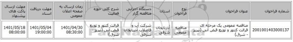 مناقصه، مناقصه عمومی یک مرحله ای قرائت کنتور و توزیع قبض آنی (تبریز - شرق)