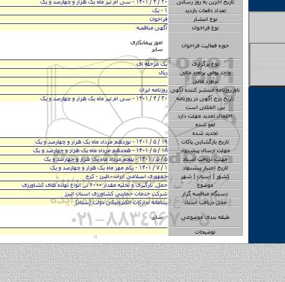 مناقصه, حمل٬ بارگیری و تخلیه مقدار ۶۰۰۰ تن انواع نهاده های کشاورزی