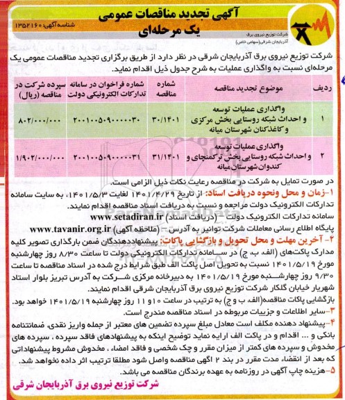 تجدید مناقصه واگذاری عملیات توسعه و احداث شبکه روستایی بخش مرکزی...