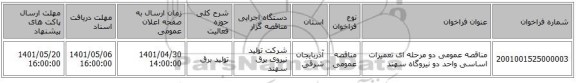 مناقصه، مناقصه عمومی دو مرحله ای تعمیرات اساسی واحد دو نیروگاه سهند