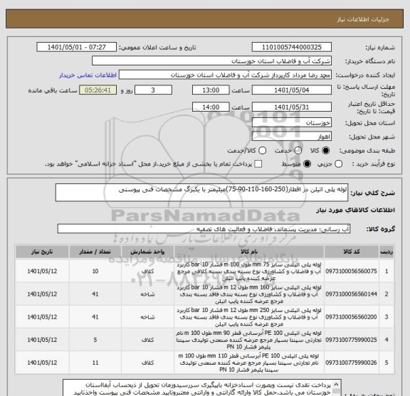 استعلام لوله پلی اتیلن در اقطار(250-160-110-90-75)میلیمتر با یکبرگ مشخصات فنی پیوستی