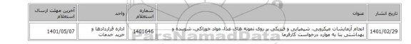 انجام آزمایشات میکروبی، شیمیایی و فیزیکی بر روی نمونه های غذا، مواد خوراکی، شوینده و بهداشتی بنا به موارد درخواست کارفرما