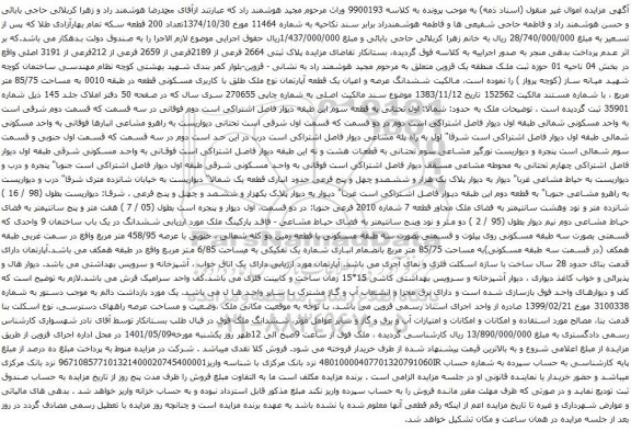 آگهی مزایده پلاک ثبتی 2664 فرعی از 2189فرعی از 2659 فرعی از 212فرعی از 3191 اصلی