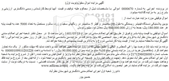 مزایده فروش بوبین پلاستیکی دستگاه فینیشر ریسندگی به طول 30 سانتیمتر و قطر 5 سانتیمتر در رنگهای سفید و زرد