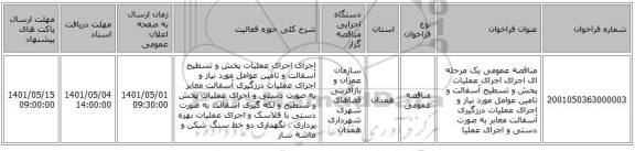 مناقصه، مناقصه عمومی یک مرحله ای اجرای اجرای عملیات پخش و تسطیح آسفالت  و تامین عوامل مورد نیاز و اجرای عملیات درزگیری آسفالت معابر به صورت دستی و اجرای عملیا
