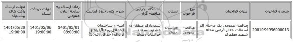 مناقصه، مناقصه عمومی یک مرحله ای آسفالت معابر فرعی محله شهید مطهری
