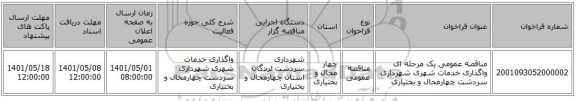 مناقصه، مناقصه عمومی یک مرحله ای واگذاری خدمات شهری شهرداری سردشت چهارمحال و بختیاری