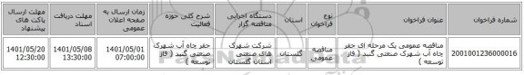 مناقصه، مناقصه عمومی یک مرحله ای حفر چاه آب شهرک صنعتی گنبد ( فاز توسعه )