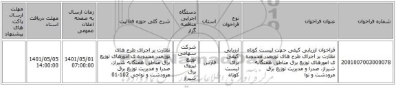 مناقصه، فراخوان ارزیابی کیفی جهت لیست کوتاه نظارت بر اجرای طرح های توزیعدر محدوده ی امورهای توزیع برق مناطق هفتگانه شیراز، صدرا و مدیریت توزیع برق مرودشت و نوا
