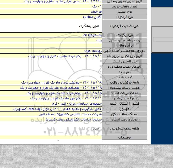 مناقصه, حمل٬ بارگیری و تخلیه مقدار ۶۰۰۰ تن انواع نهاده های کشاورزی