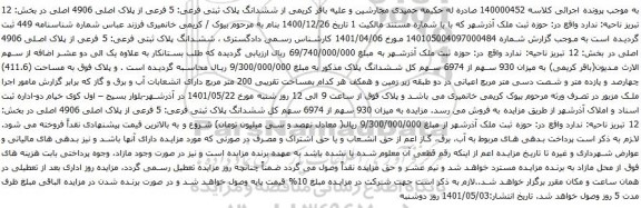آگهی مزایده  ششدانگ پلاک ثبتی فرعی: 5 فرعی از پلاک اصلی 4906 اصلی