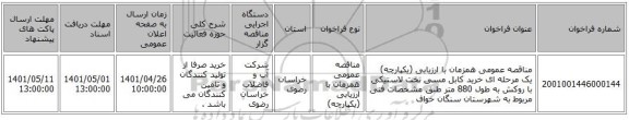 مناقصه، مناقصه عمومی همزمان با ارزیابی (یکپارچه) یک مرحله ای خرید کابل مسی تخت لاستیکی با روکش به طول 880 متر طبق مشخصات فنی مربوط به شهرستان سنگان خواف