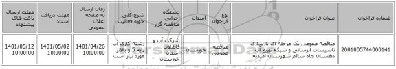 مناقصه، مناقصه عمومی یک مرحله ای بازسازی تاسیسات آبرسانی و شبکه توزیع آب دهستان چاه سالم شهرستان امیدیه
