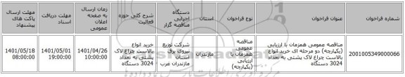 مناقصه، مناقصه عمومی همزمان با ارزیابی (یکپارچه) دو مرحله ای خرید انواع بالاست چراغ لاک پشتی به تعداد 3024 دستگاه