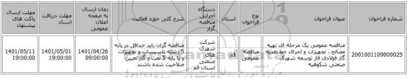 مناقصه، مناقصه عمومی یک مرحله ای تهیه مصالح ، تجهیزات و اجرای خط تغذیه گاز فولادی فاز توسعه شهرک صنعتی شکوهیه